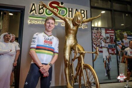 Stunning Golden Statue of Tadej Pogačar Unveiled in Abu Dhabi to Celebrate an Epic Season